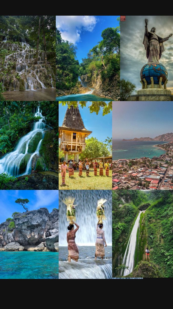 many different pictures are shown in this collage, including the statue of jesus and waterfalls