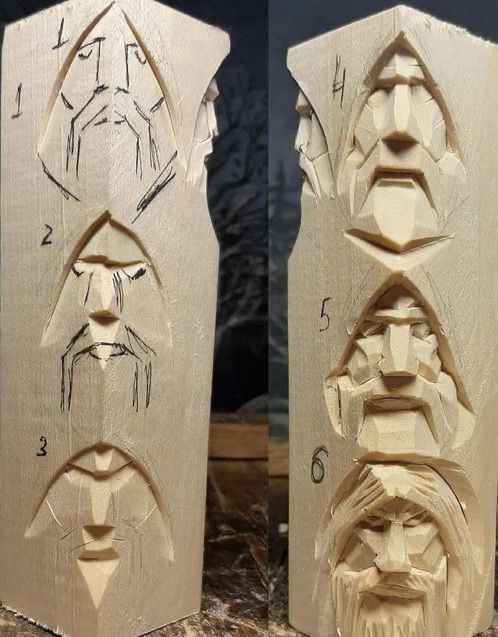 two wooden sculptures with faces and numbers on them