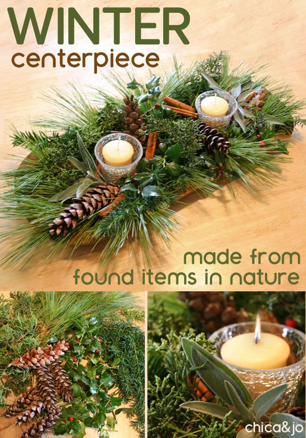 the centerpiece is made from evergreen branches and pine cones, with candles in them