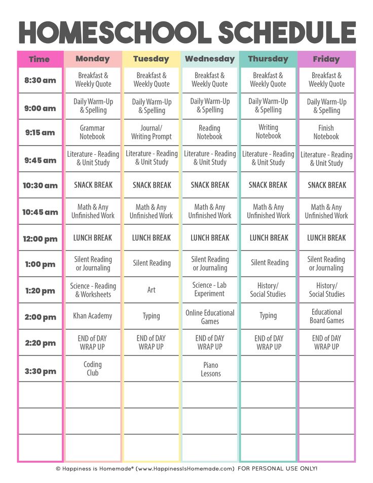 a timetable for homeschool schedule with the dates and time to go on it