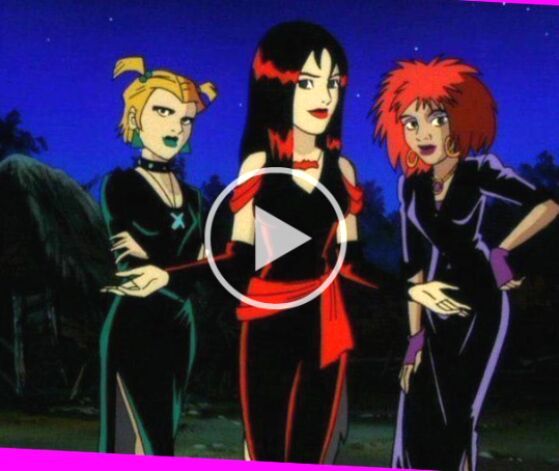 an animated image of three women in black and red outfits, one with long hair