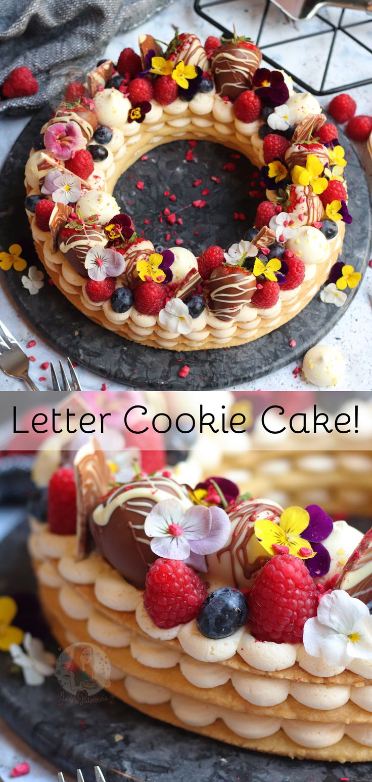 the cake is decorated with flowers and berries