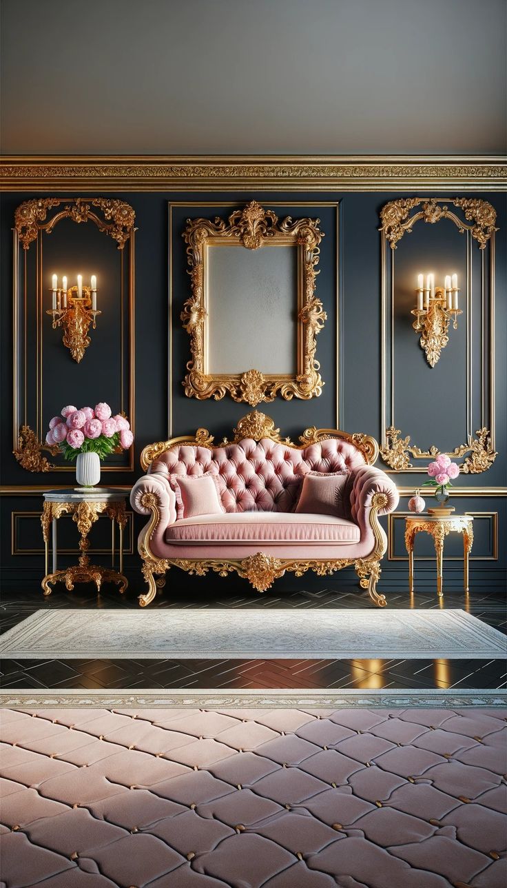 an ornate living room with blue walls and gold trimmings, pink couches and mirrors on the wall