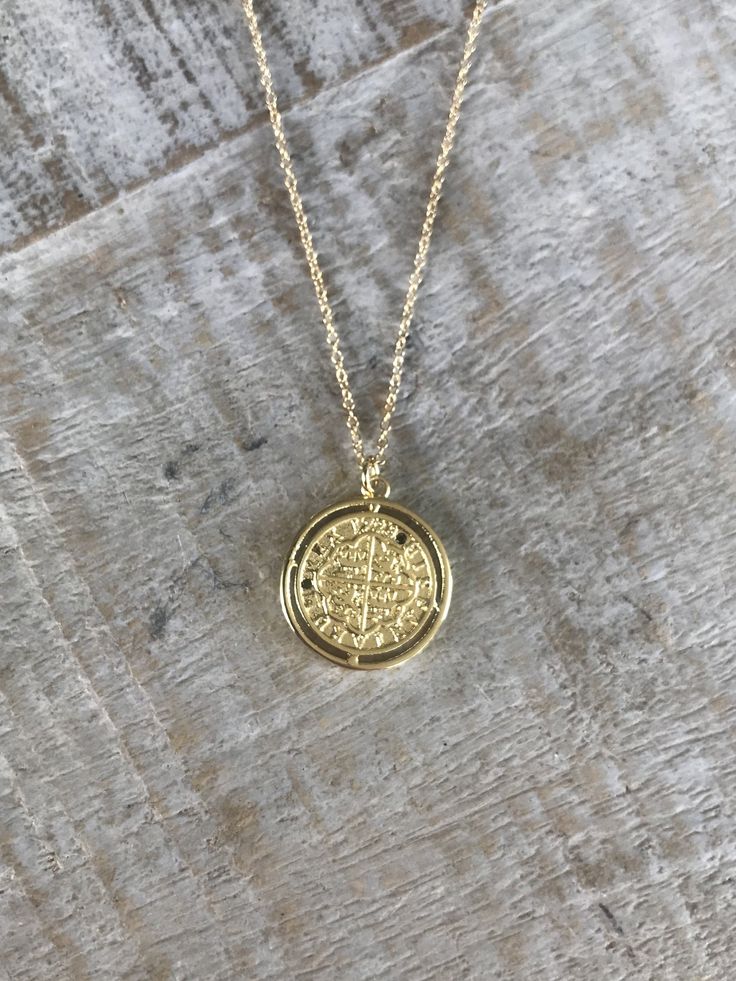 24k gold filled rustic coin charm with black crystal detail on 14k gold filled chain. Available on 16, 18 or 21 inch length chain. Dainty Brass Coin Pendant Jewelry, Gold Recycled Amulet Jewelry, Gold Recycled Gold Amulet Jewelry, Recycled Gold Amulet Jewelry In Gold, Everyday 14k Gold Filled Coin Pendant Jewelry, Everyday Gold-plated Coin Necklace, Everyday Gold Plated Coin Necklace, Recycled Gold Medallion Coin Pendant, Gold Coin Pendant Jewelry From Recycled Gold