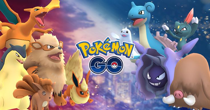 the pokemon go logo with many different types of animals in front of an abstract background