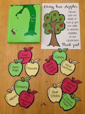 an apple tree is shown next to some cards with words and pictures on them that say, give trees apples