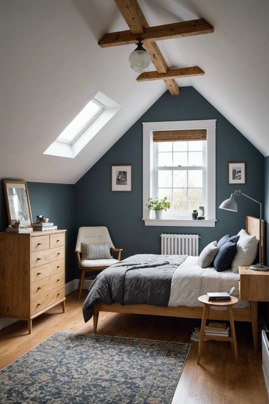 an attic bedroom with blue walls and wooden floors