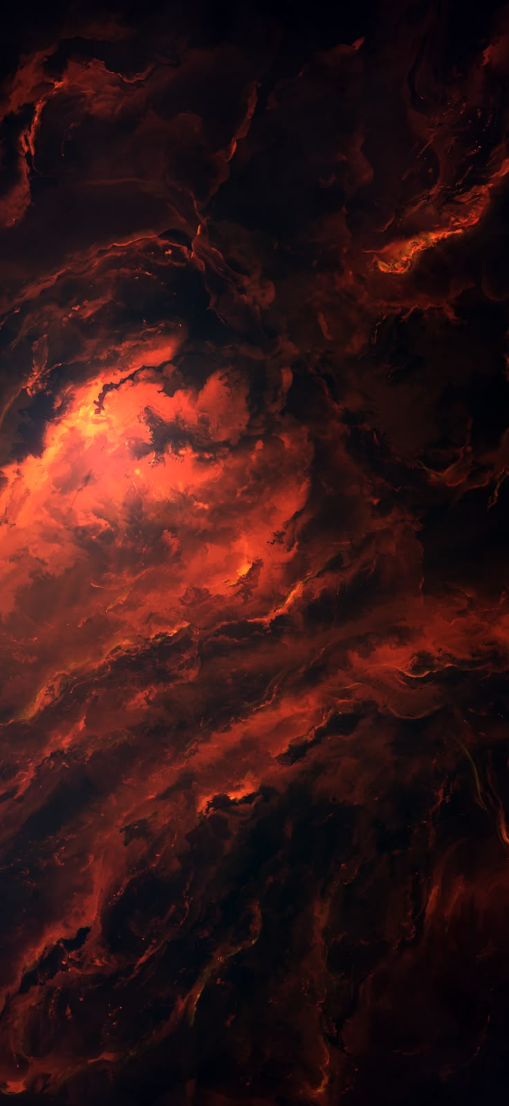 an orange and red swirly background with dark clouds in the center, as if from space