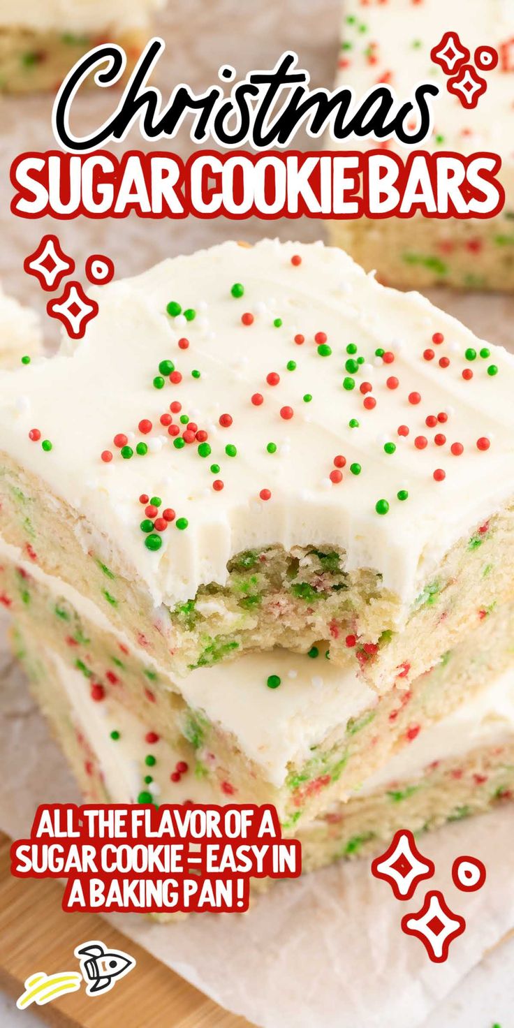 christmas sugar cookie bars with white frosting and sprinkles are stacked on top of each other