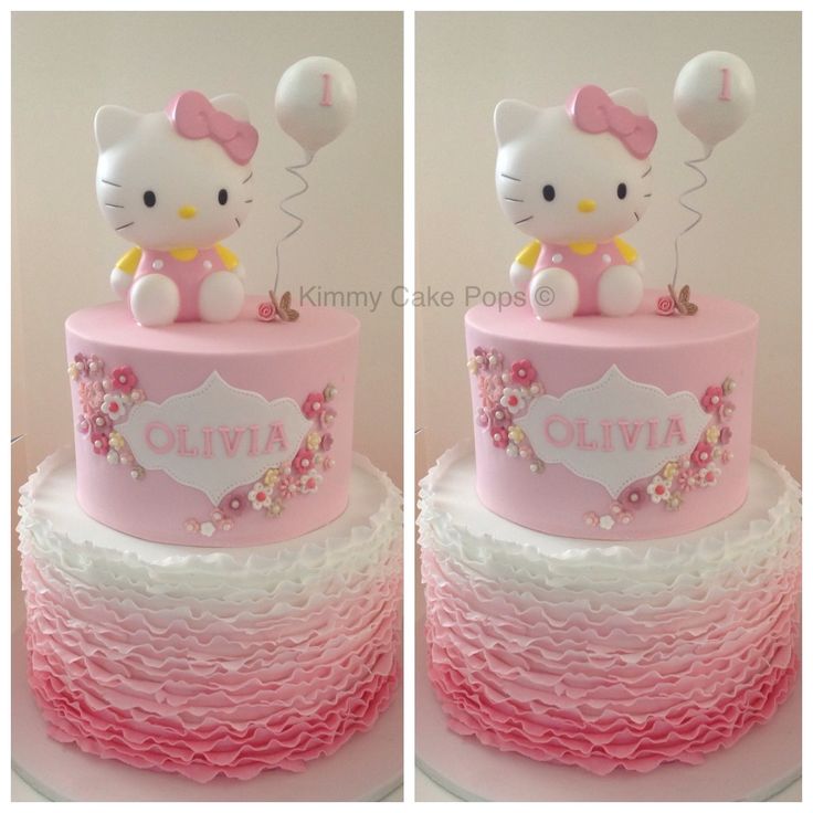 two pictures of a hello kitty cake with balloons