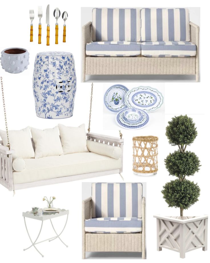 blue and white living room decor with striped sofas, coffee table, planter