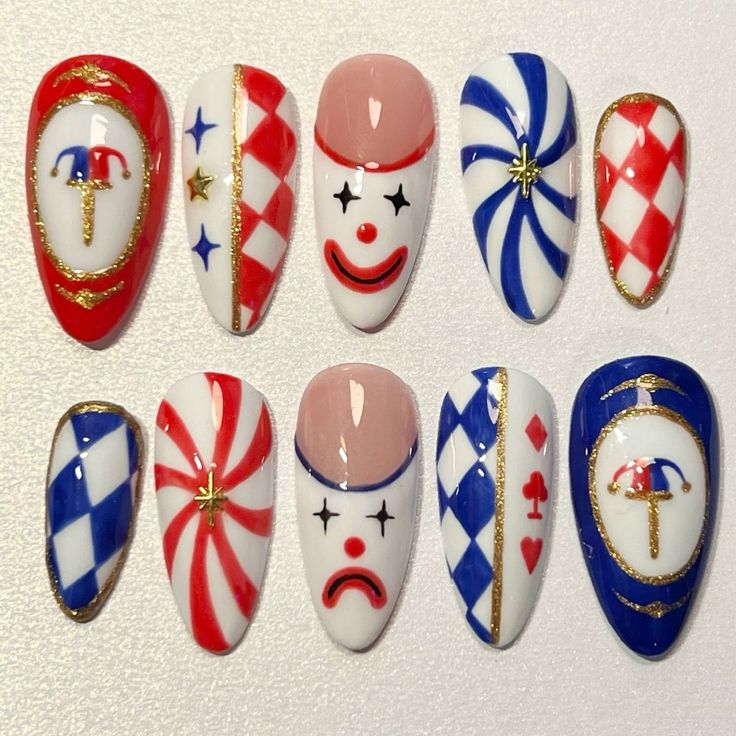 Clown Nails, Circus Nails, Nail Halloween, Halloween Nail Art Ideas, Horror Nails, Kawaii Nail Art, Edgy Nails, Cute Acrylic Nail Designs, Pretty Gel Nails