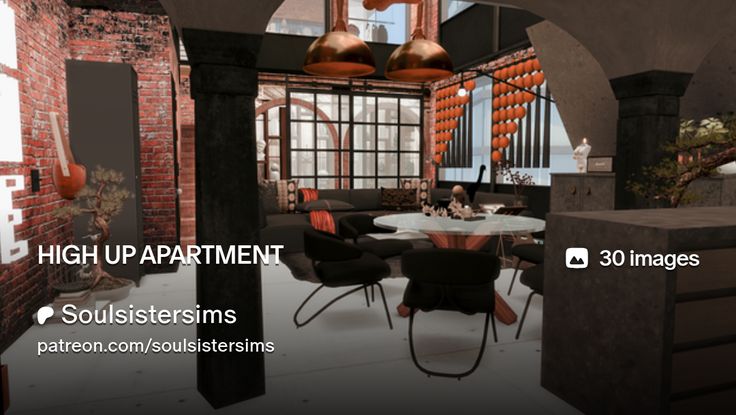 the interior of an apartment with red brick walls and black chairs around a round table