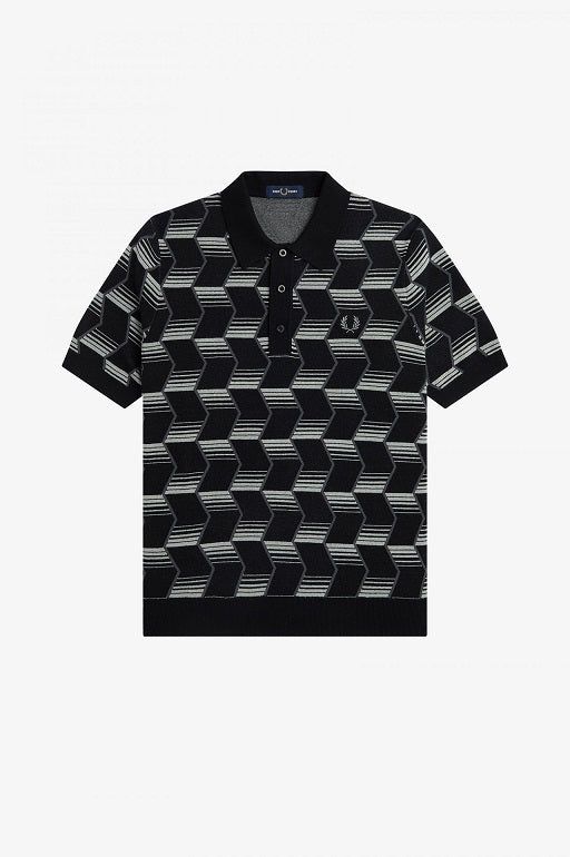 Fred Perry knitted shirt, featuring a distinctive all-over chevron patterning. Cotton knit / Regular fit / Jacquard pattern / Milano collar and placket / Rib cuff Classic Jacquard Knit Polo Collar Top, Classic Cotton Jacquard Knit Tops, Fred Perry Shirt, Big Tshirt, Chevron Stripe, Jacquard Pattern, Knit Shirt, Striped Knit, Half Sleeves