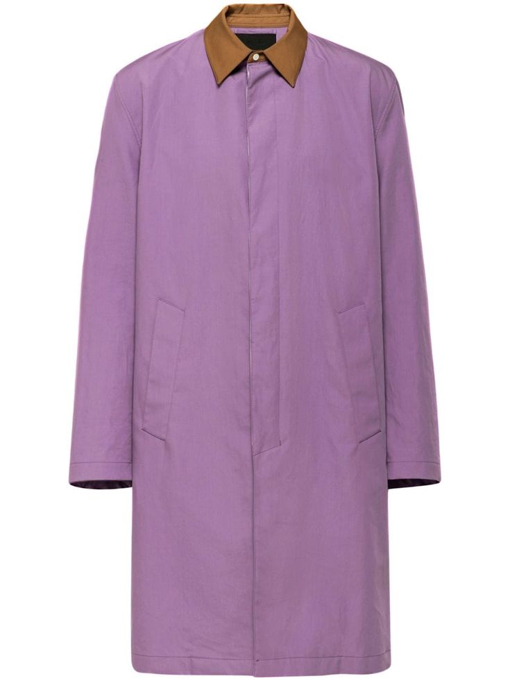 purple cotton appliqué logo classic collar concealed front fastening long sleeves two front welt pockets straight hem Designer Cotton Outerwear, Designer Long Sleeve Cotton Outerwear, Long Sleeve Cotton Raincoat For Work, Designer Cotton Outerwear With Long Sleeves, Luxury Cotton Outerwear With Pockets, Designer Cotton Outerwear With Pockets, Luxury Cotton Outerwear With Button Closure, Luxury Long Sleeve Cotton Outerwear, Luxury Cotton Outerwear For Spring