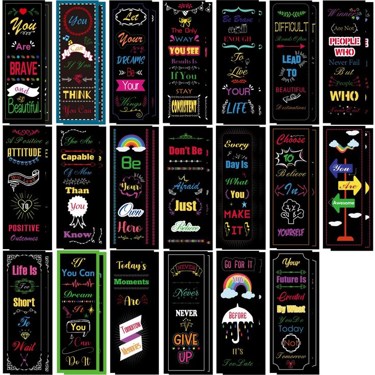 the chalkboard bookmarks are lined up in different colors and styles, with writing on them