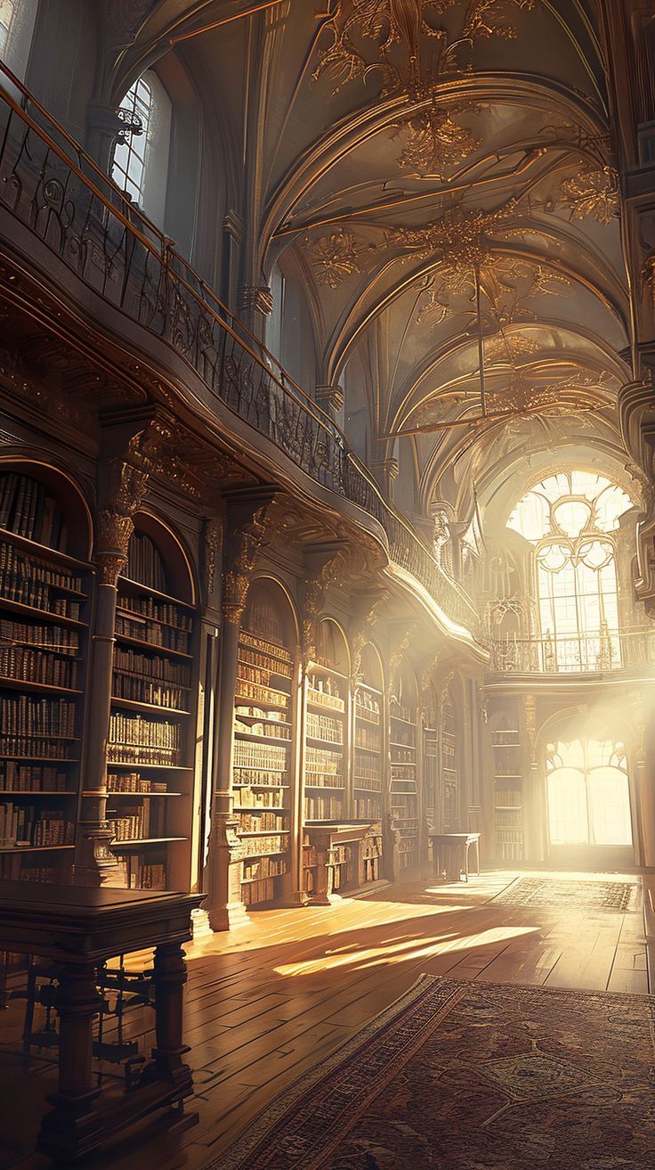 an old library with many bookshelves and chandeliers on the ceiling is lit by sunlight streaming through the windows