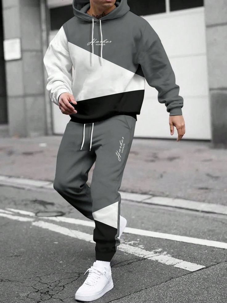 Multicolor Casual Collar   Colorblock,Letter  Embellished Slight Stretch  Men Clothing Mens Sweatpants Outfit Casual, Outfits Joggers, Full Tracksuit, Sweatpants For Men, Hype Clothing, Sweatpants Outfit, Jogging Suit, Mens Fashion Casual Outfits, Hooded Sweatshirt Men