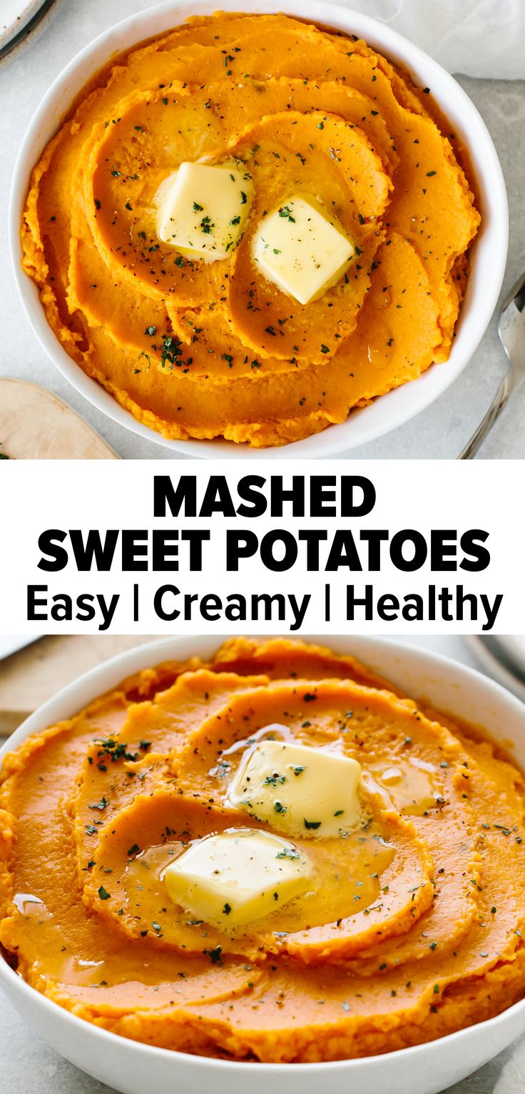 mashed sweet potatoes in a white bowl with butter and parmesan cheese on top