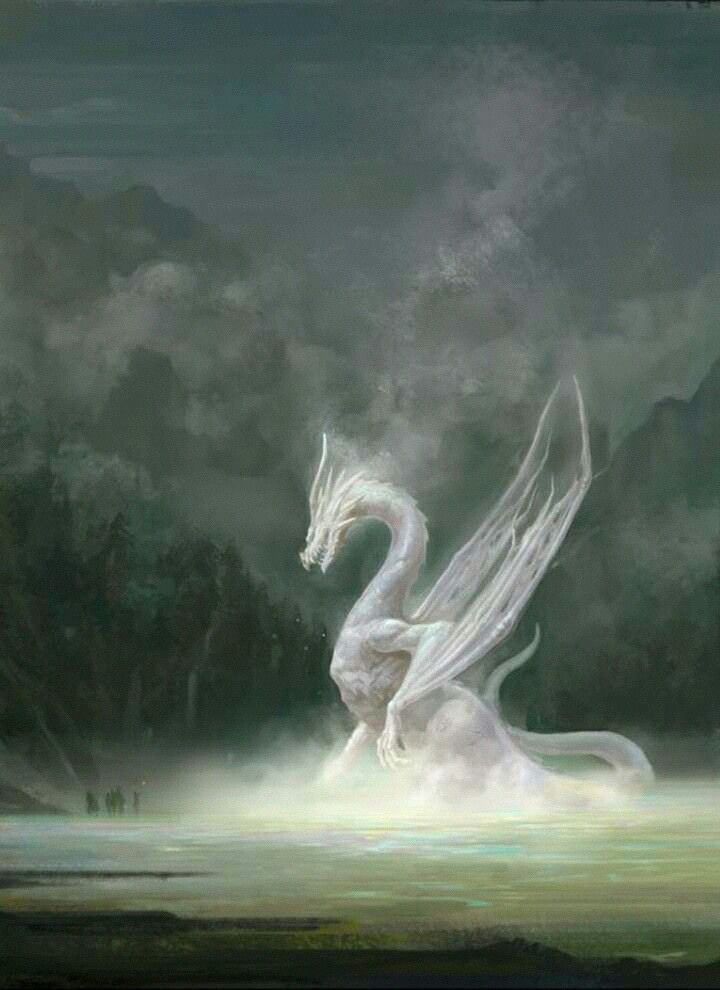 a painting of a white dragon with its wings spread out in front of the sky