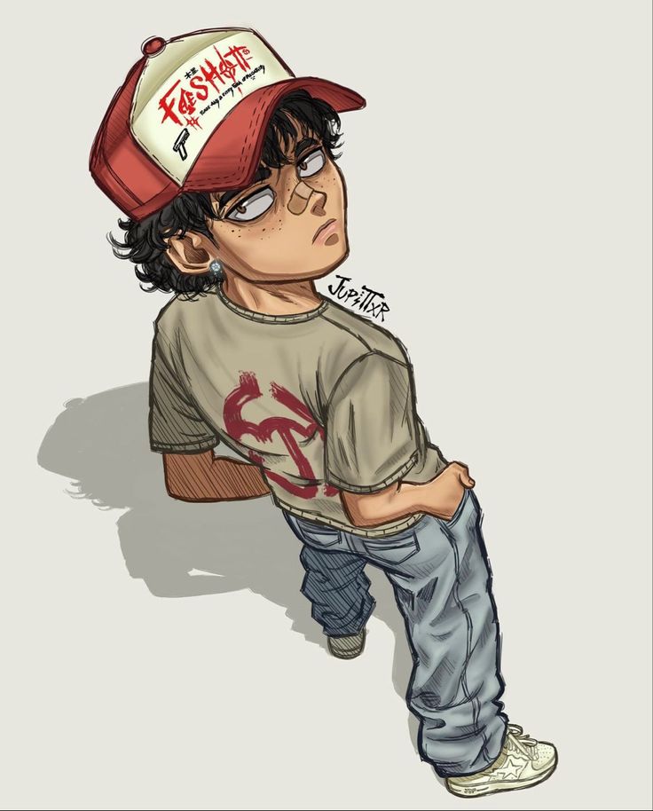 a drawing of a boy with glasses and a baseball cap sitting on his knees, looking to the side