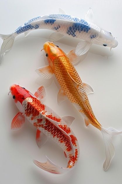 three glass koi fish sitting next to each other on a white surface with blue and orange designs