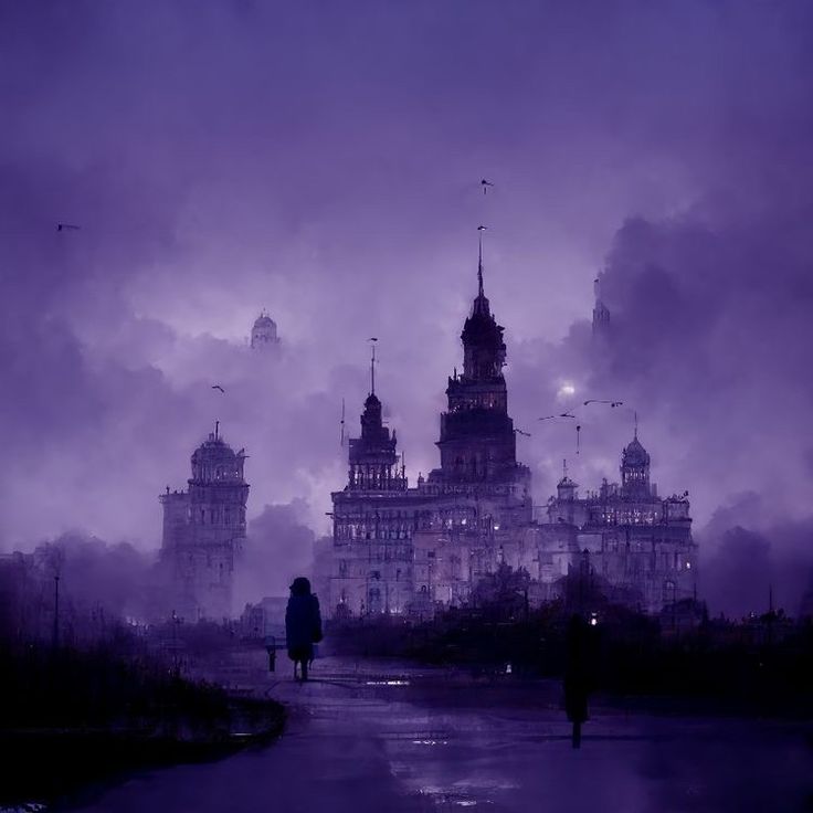 a person walking down a street in front of tall buildings on a foggy day