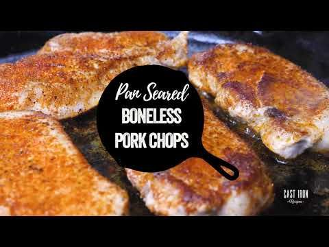 pork chops cooking in a frying pan with text overlay that reads paw - scared boneless pork chops