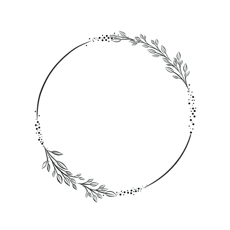 a black and white drawing of a circle with leaves on it's sides, surrounded by dots