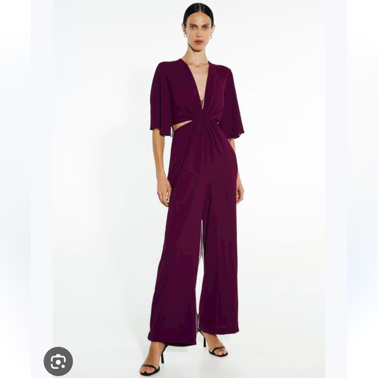 Long Flowy V-Neck Jumpsuit With Full Short Sleeves. Pleat Detail And Openings At Waist. Back Hidden In-Seam Zip Closure. Color- Eggplant S Pit To Pit- 17” Waist- 14” ( High Waist) Hips- 23” Inseam- 32” M Pit To Pit- 18” Waist- 15” Hips- 25” Elegant V-neck Jumpsuits And Rompers For Summer, Casual V-neck Pantsuit For Night Out, Elegant V-neck Jumpsuits And Rompers For Spring, Chic V-neck Pantsuit For Party, Fitted V-neck Pantsuit For Summer, Zara Summer Evening Pantsuit, Chic V-neck Pantsuit For Night Out, V-neck Jumpsuits And Rompers For Spring Night Out, Spring Party Pantsuit With V-neck