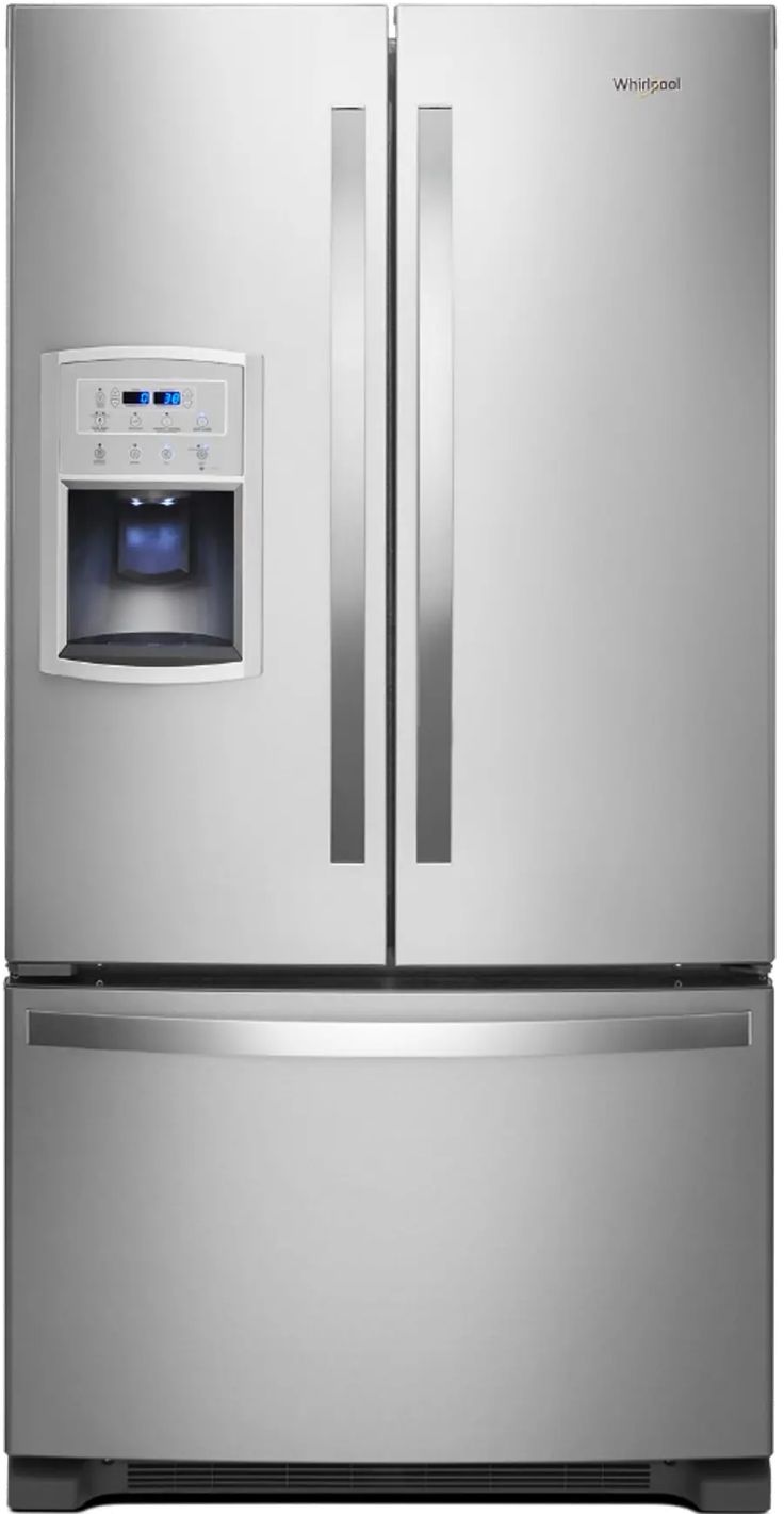 a stainless steel refrigerator with its door open and water dispenser on the side