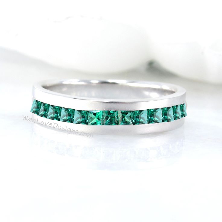 Green Emerald Ring | 14K Gold Emerald Wedding Band | Princess cut Emerald Mens Ring | Statement Ring | Mens Birthstone Ring | Gift for Him Emerald Mens Ring, Gold Emerald Wedding, Channel Set Wedding Band, Mens Engagement Ring, Emerald Wedding Band, Wedding Band Engagement Ring, Green Emerald Ring, Emerald Wedding, Rings Bands