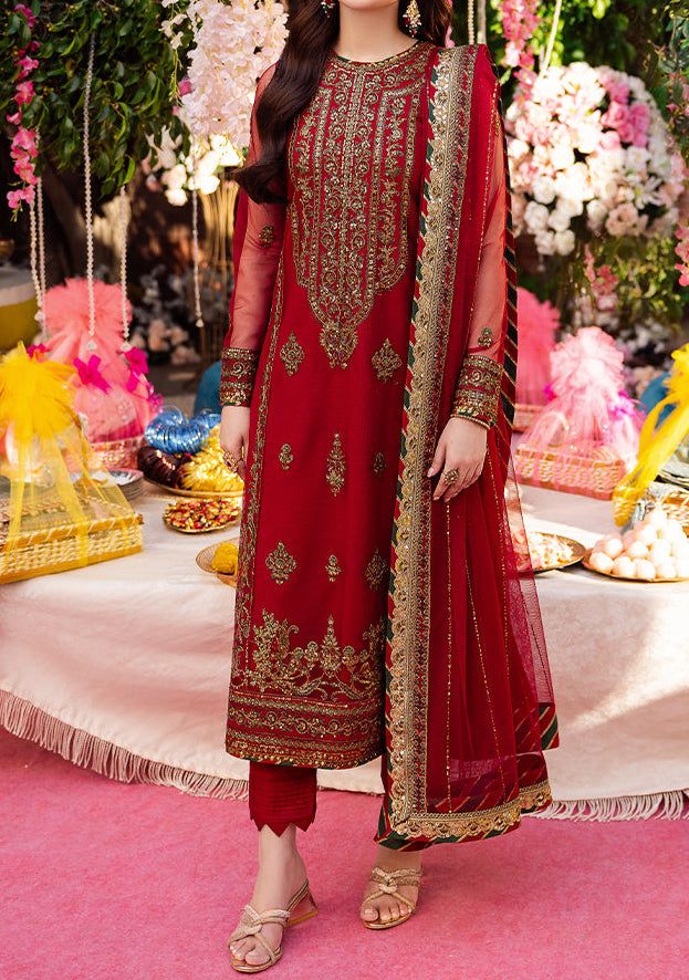 Introducing our New collection 'JAG MAG' by Asim Jofa designed to make you look and feel your best. Embrace the vibrant hues with this ruby number from the sparkling Jag Mag Collection. Cloaked in a rich red hue, this ensemble is intricately bedecked with antique gold zari and green threadwork reflecting the festive spirit of celebration. The 3mm sequins twinkle with an ethereal glow illuminating the grandeur of the gorgeous neckline and the all-over shirt embroidery. The embroidered dupatta completes an outfit that’s designed to make you look ravishing. Embroidered Front Center Panel On Net. Embroidered Side Panel Right and Left On Net. Embroidered Border For Front Daman On Net. Embroidered Back With Border On Net. Embroidered Sleeves With Border On Net. Embroidered Border For Front and B Elegant Red Dress For Eid, Elegant Red Dresses For Festivals, Red Anarkali Dress For Eid, Elegant Red Dress With Dabka Detailing, Red Festive Dress For Festivals, Traditional Dresses For Party Season Celebrations, Traditional Dresses For Celebration And Party Season, Red Party Wear Dresses For Festive Occasions, Elegant Red Dress For Diwali