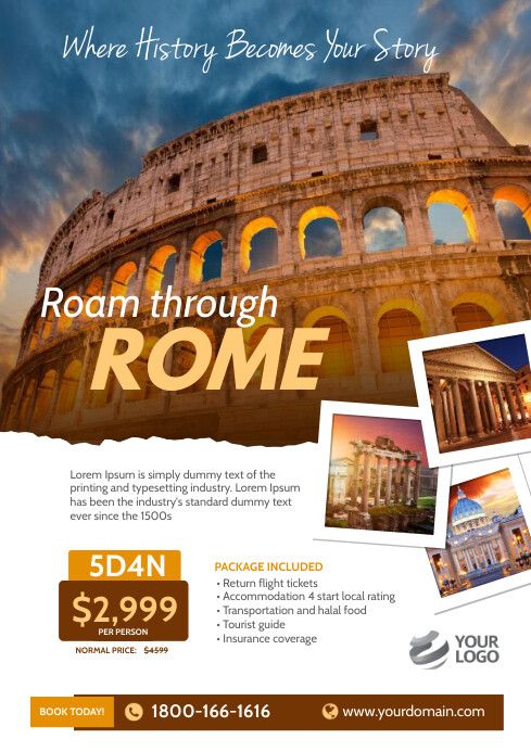 a flyer for an event with images of the roman colossion and text that reads, where history becomes your story roam through rome