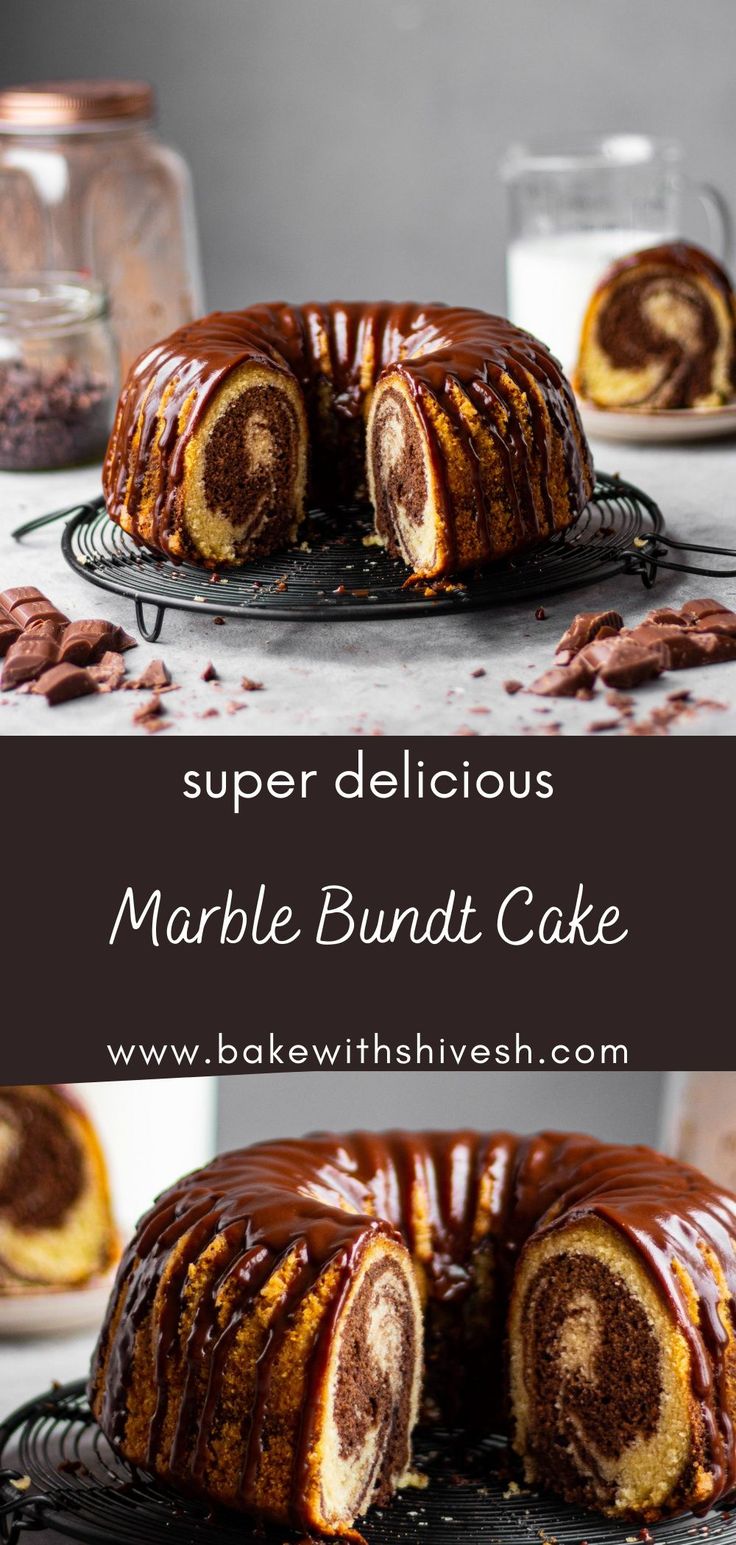 a marble bundt cake with chocolate icing on a wire rack next to a jar of milk