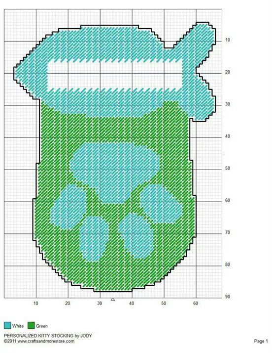 a cross stitch pattern with a blue and green bag on the bottom, in front of a