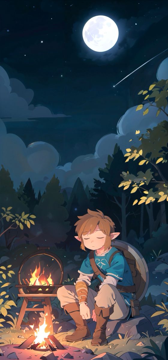 a boy sitting in front of a campfire at night