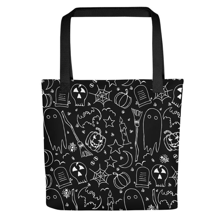 Carry all your essentials in style with Goth Cloth Co.'s spacious and trendy tote bag, featuring a hauntingly beautiful gothic pattern of ghosts, bats, tombstones, and spiderwebs on a black background. Perfect for your daily adventures, this tote bag is crafted from 100% spun polyester fabric with sturdy dual handles made from natural cotton bull denim. With a generous capacity of 2.6 US gallons and a maximum weight limit of 44 lbs, it’s both functional and fashionable. Embrace your spooky side Black Tote Shoulder Bag For Halloween, Everyday Tote Bag For Halloween, Everyday Halloween Tote Bag, Halloween Tote Bag For Daily Use, Black Gothic Tote Bag, Black Rectangular Shoulder Bag For Halloween, Black Halloween Rectangular Shoulder Bag, Black Rectangular Bag For Halloween, Rectangular Black Bag For Halloween