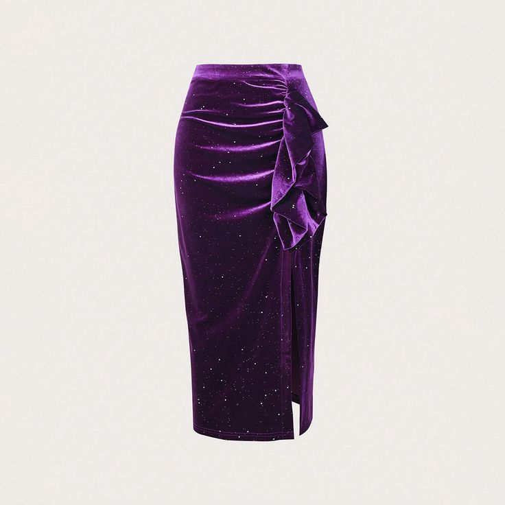 Fit: SlimFabric: VelvetPattern: SolidElement: RuffleDress/Skirt Length: MaxiRise: High RiseProduct Type: Pencil,SplitMain Composition: PolyesterSeason: Spring/Fall Purple Skirts, Maxi Skirt Spring, Skirts Fall, Crop Top Dress, Purple Skirt, Pleated Maxi Skirt, Pleated Mini Dress, Winter Skirt, Velvet Skirt