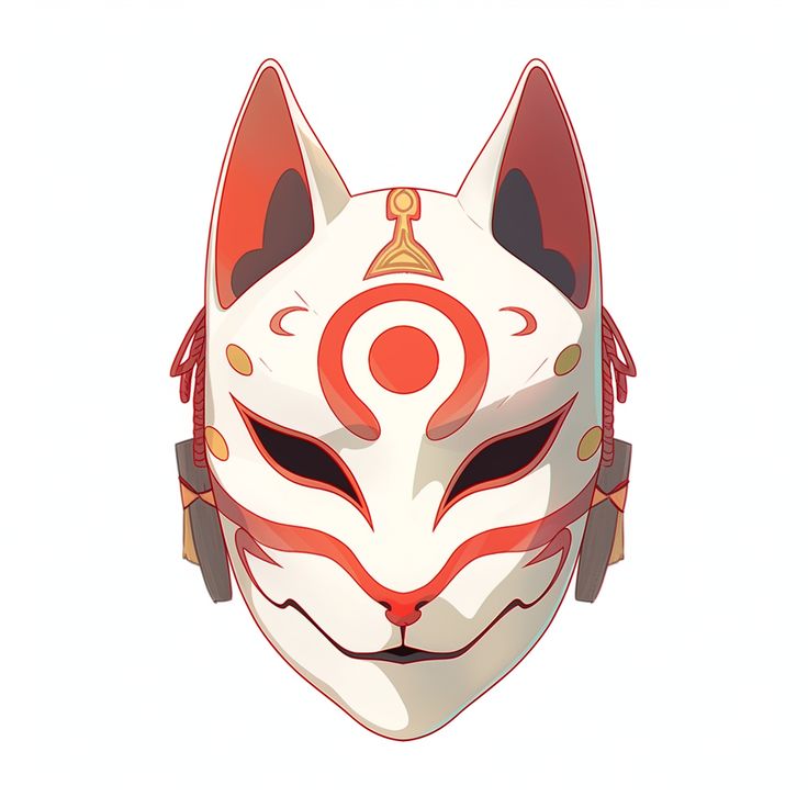 a white and red cat mask with earphones on it's ears is shown