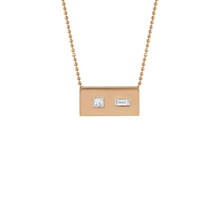 The 14k gold TOTT necklace features a rectangle bar with satin finish set with 1 princess cut white diamond and 1 baguette white diamond. 14k gold 1.0mm diamond cut ball chain is fixed to the bar and hangs at 16" in length. Full cut white diamonds, approximately .25 ctw Designed and hand forged in our studio in coastal Southern California. Complimentary ShippingReturns and Exchanges 14k Gold Bar Necklace, Gold Bar Necklace, Geometric Diamond, Gold Geometric, Color Swatch, Gold Bar, Rose Gold Necklace, White Diamonds, Ball Chain