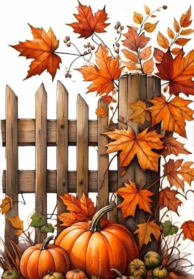 an autumn scene with pumpkins and leaves on the ground next to a wooden fence