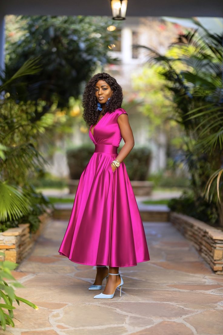 Magenta V-Neck Midi Dress – StylePantry Fuchsia Dress Outfit Wedding, Magenta Dress Outfit Wedding, Fushia Dress Outfit, Barbie Movie Aesthetic, Fuchsia Dress Outfit, Magenta Outfit, Barbie Barbie Movie, Ken Outfits, Purple Dress Outfits