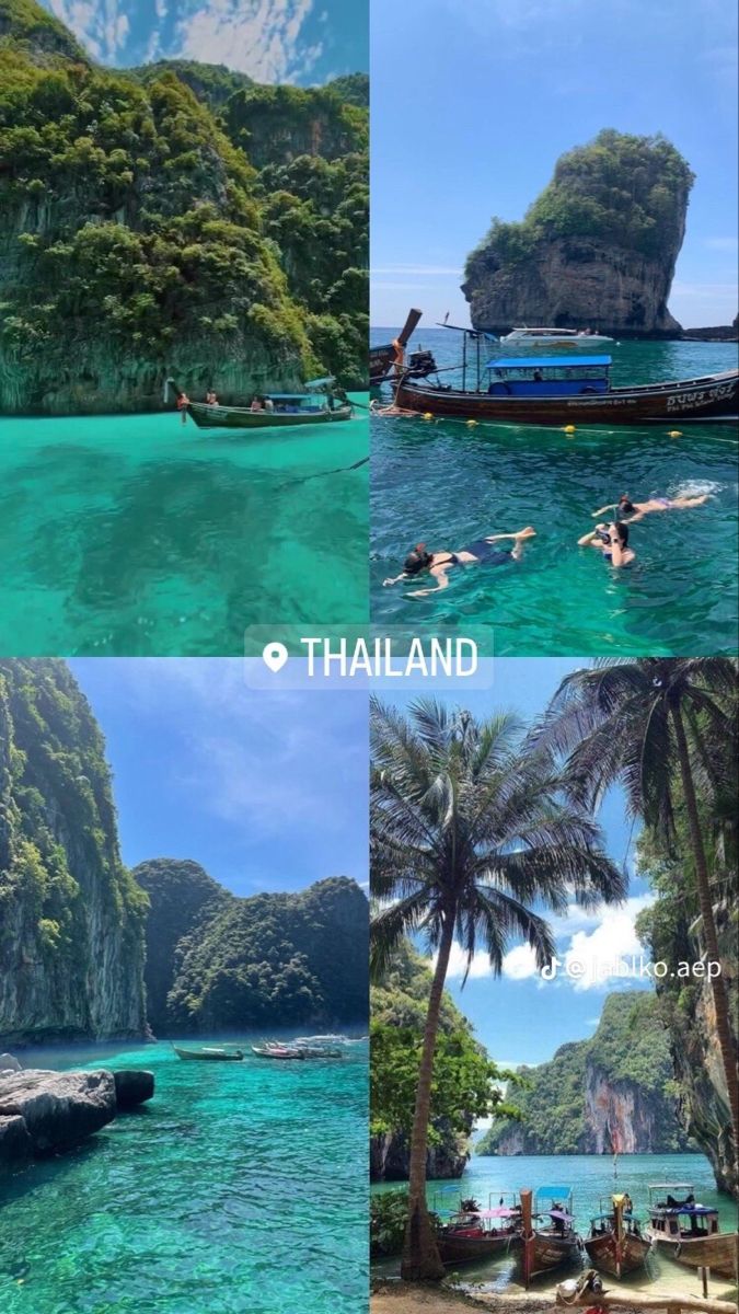 four different pictures with people swimming in the water and on boats near them, including an island