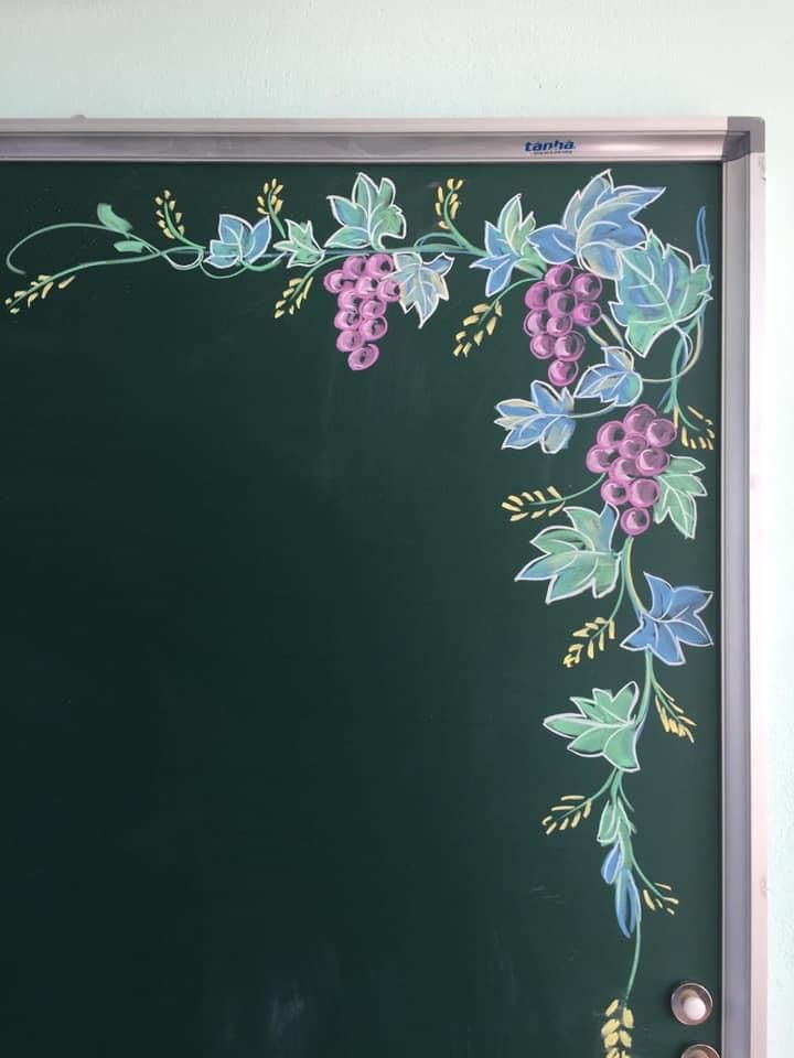 a chalk board with flowers painted on it