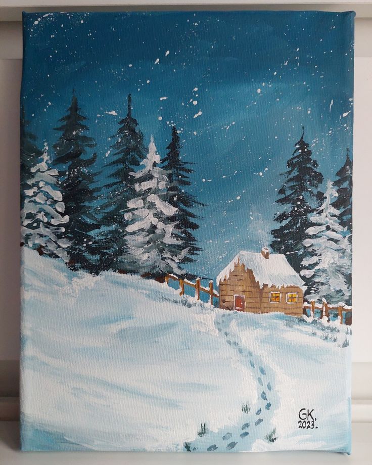 a painting of a cabin in the middle of a snow covered field with pine trees