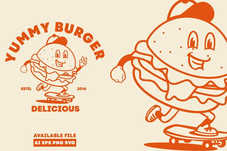 an image of a cartoon character on a skateboard with the caption yummy burger delicious