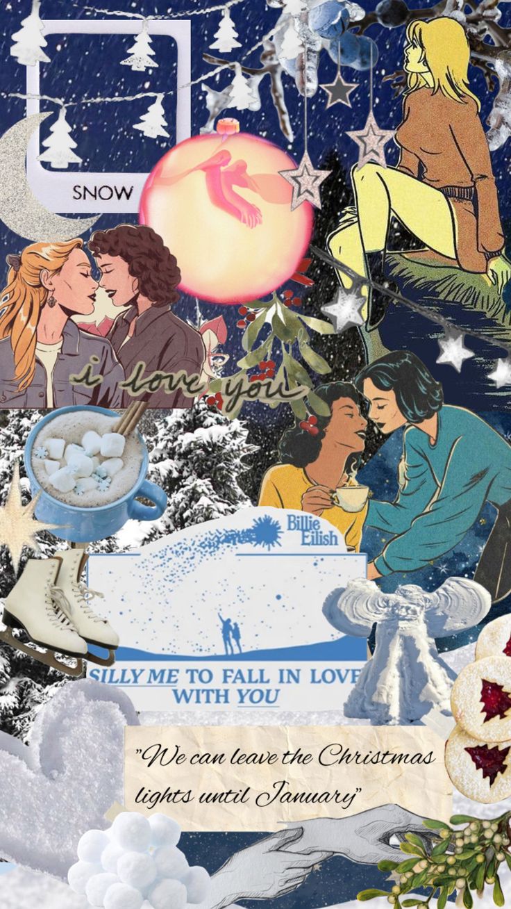 a collage of christmas images with snow, stars and people in the background that says maybe to fall in love with you