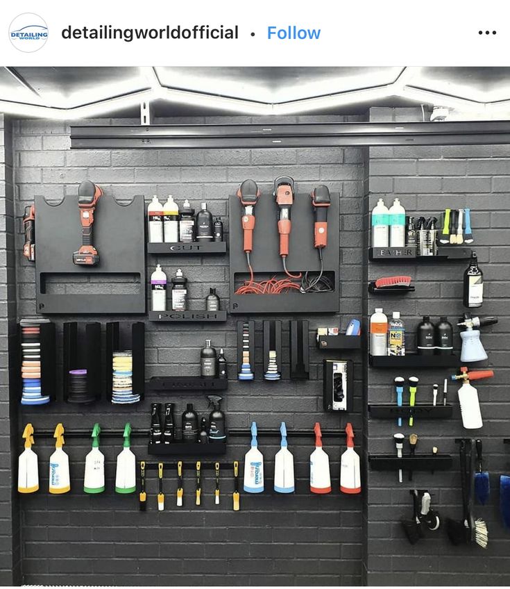 there are many different types of hair products on the shelves in this room, and one is black