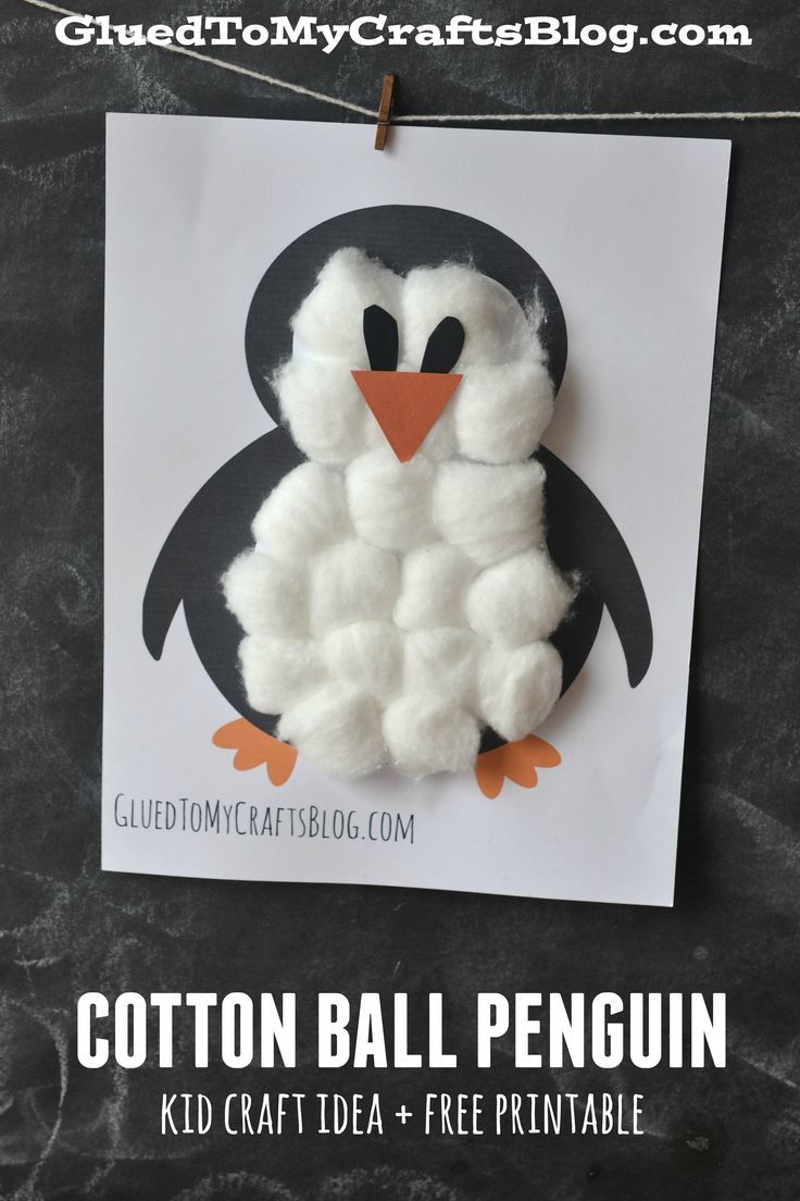 a penguin made out of cotton balls is hanging on a clothes line with the caption, cotton ball penguin kid craft idea + free printable